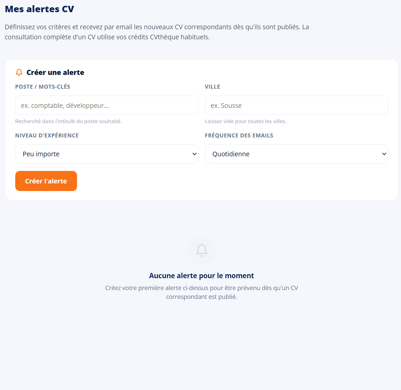 Le formulaire de création d’une alerte CV