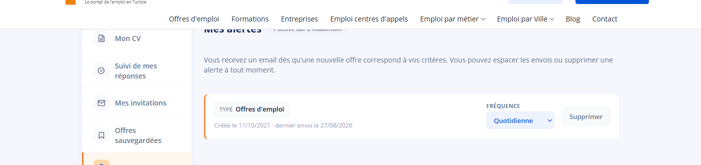 Vos alertes : critères, fréquence et date du dernier envoi
