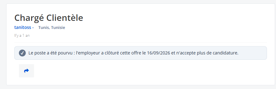 Côté candidat : le poste est pourvu, et le bouton Postuler a disparu