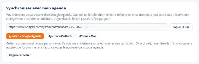 Le lien d’abonnement pour Google Agenda, Outlook ou iPhone