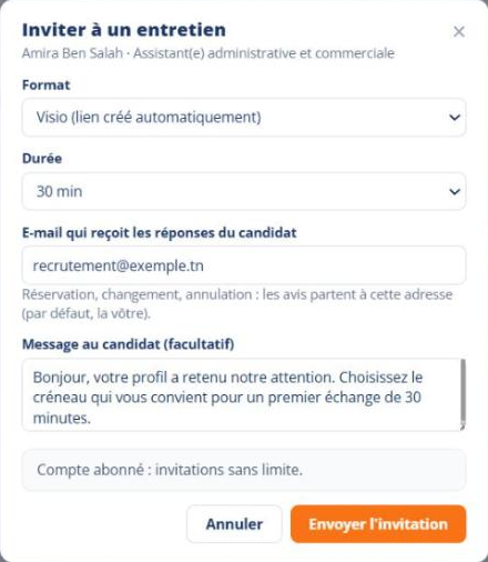 La fen&ecirc;tre &laquo; Inviter &agrave; un entretien &raquo;, ouverte depuis une candidature