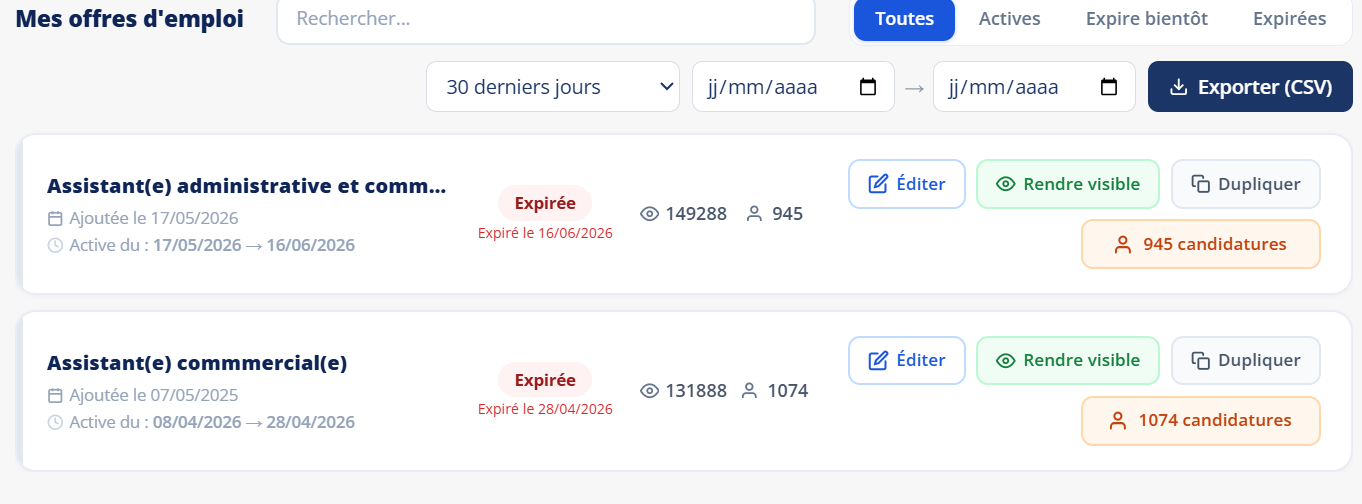 Vos offres, avec les actions Éditer, Cacher et Dupliquer