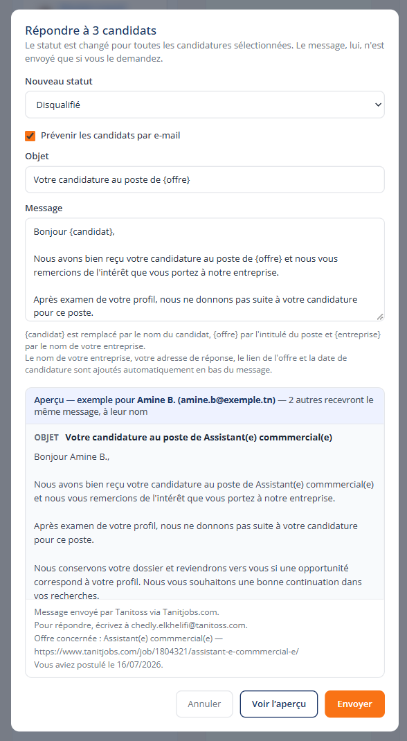 L’aperçu montre le message tel qu’il partira, bas de message compris