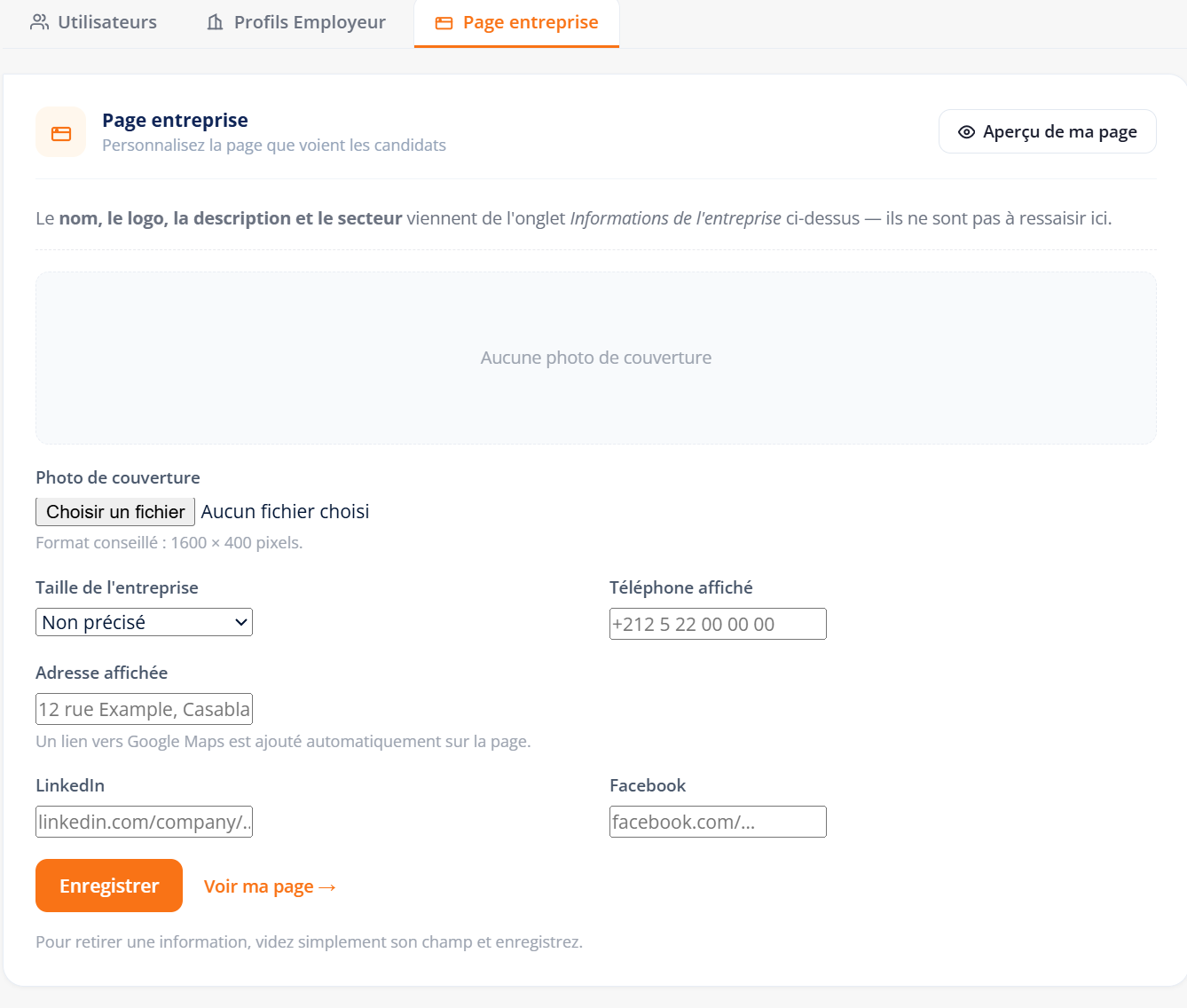 L’onglet Page entreprise : bannière, taille, téléphone, adresse et réseaux sociaux