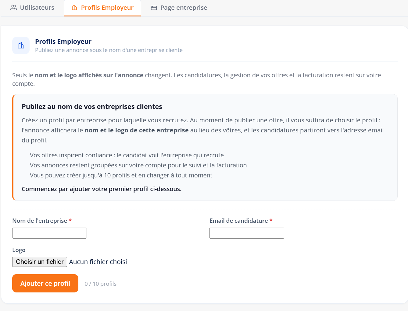 L’onglet Profils Employeur, pour publier sous le nom d’une entreprise cliente