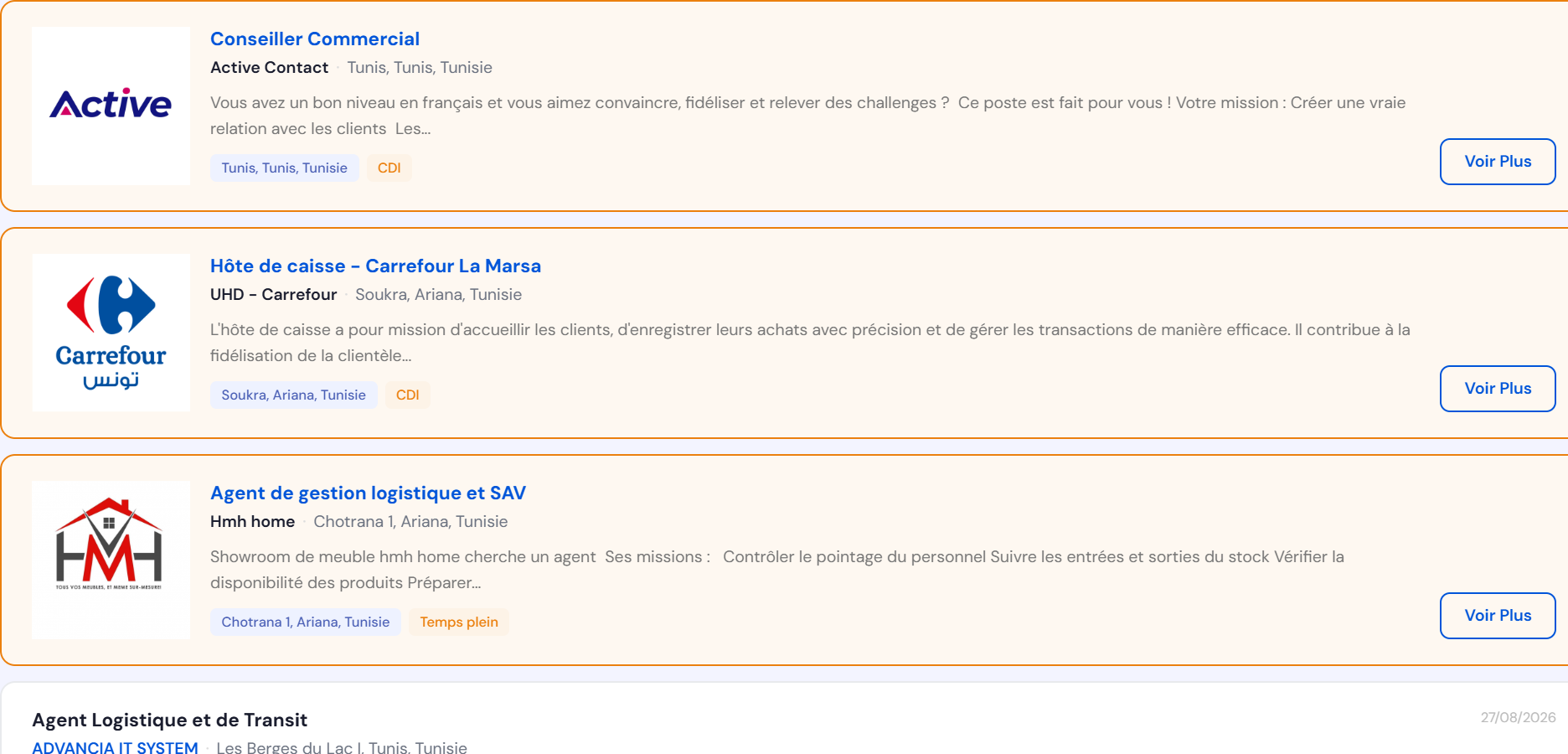 La liste des offres, avec les filtres à gauche