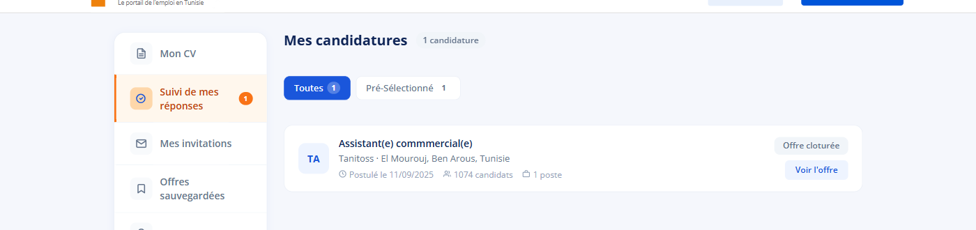 Vos candidatures envoyées, avec leur statut