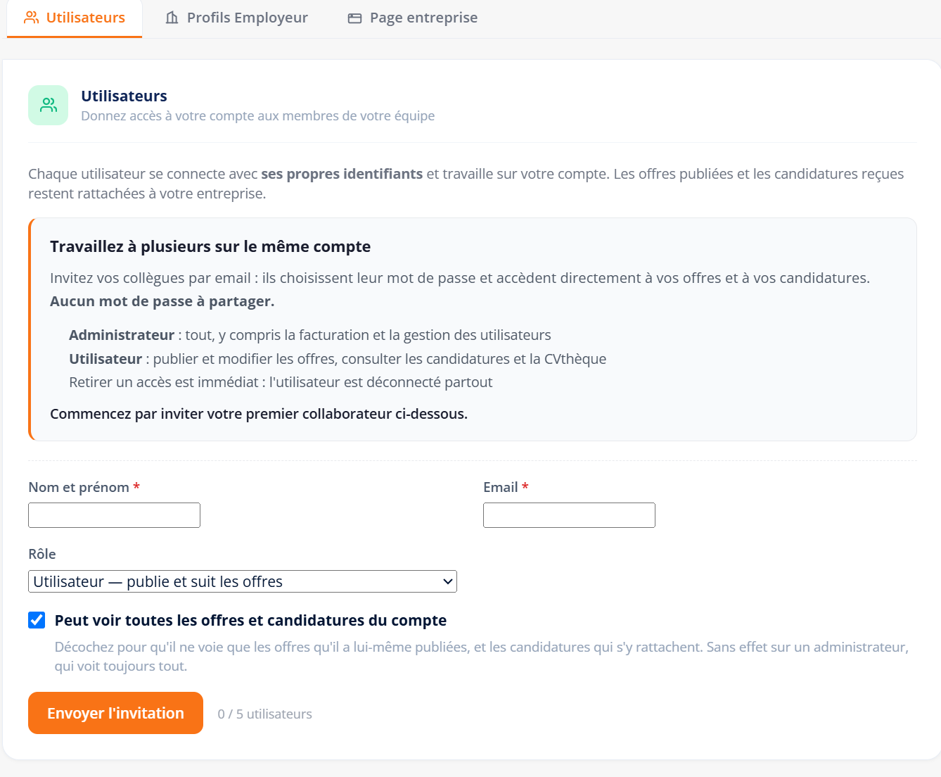 L’onglet Utilisateurs : les collaborateurs du compte et le formulaire d’invitation